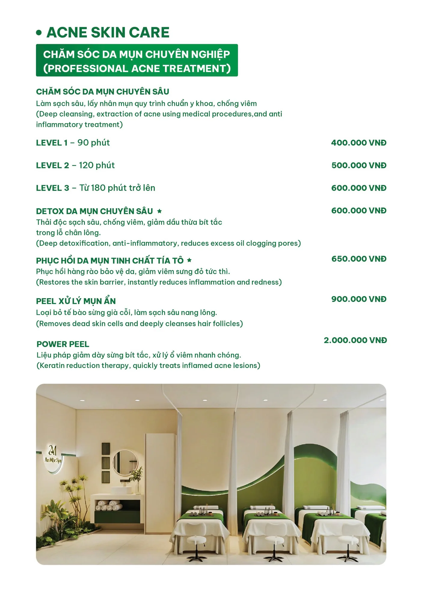 Bảng giá chăm sóc da mụn chuyên sâu An Mộc Spa Đống Đa Hà Nội
