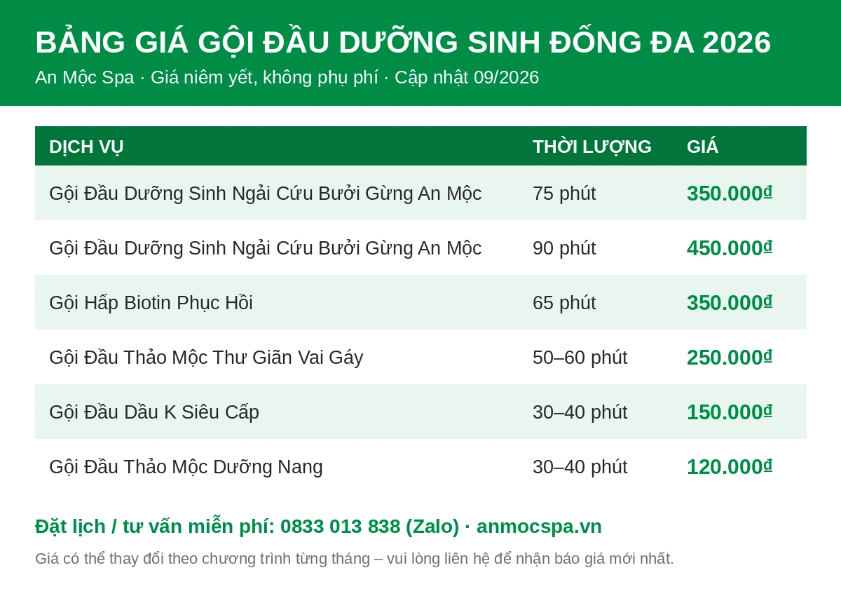 Bảng giá gội đầu dưỡng sinh Đống Đa 2026 tại An Mộc Spa