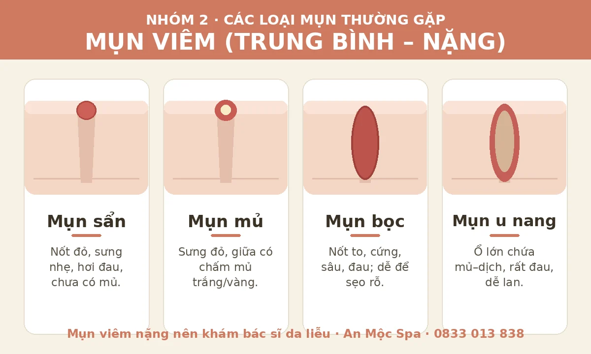 Minh họa các loại mụn thường gặp nhóm mụn viêm gồm mụn sẩn, mụn mủ, mụn bọc và mụn u nang