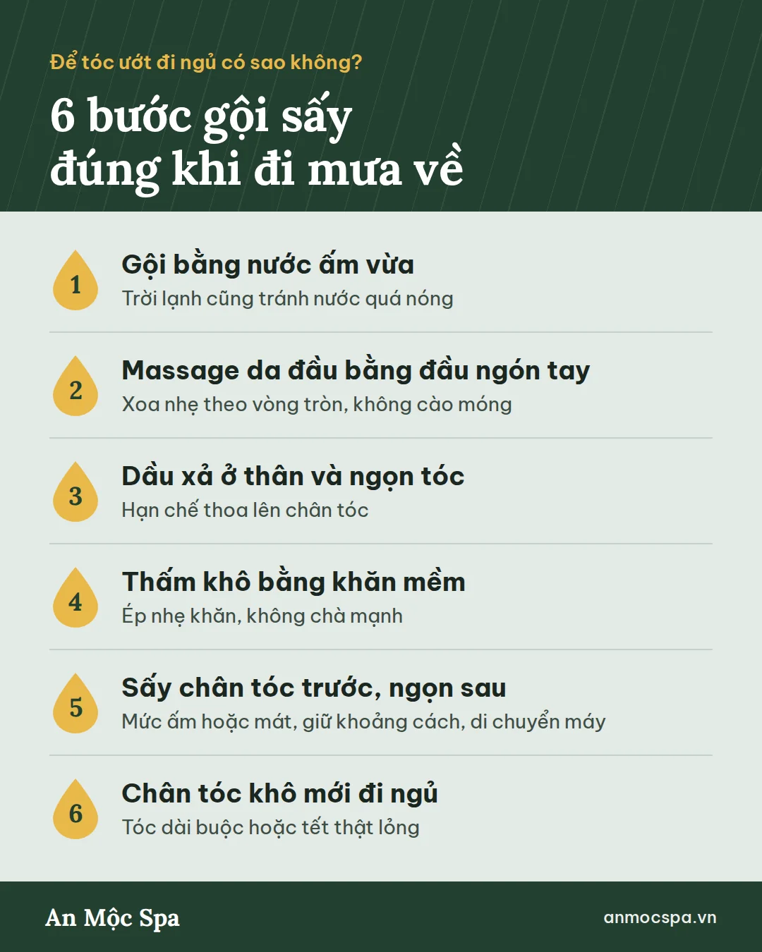 6 bước gội sấy tóc đúng khi đi mưa về — An Mộc Spa